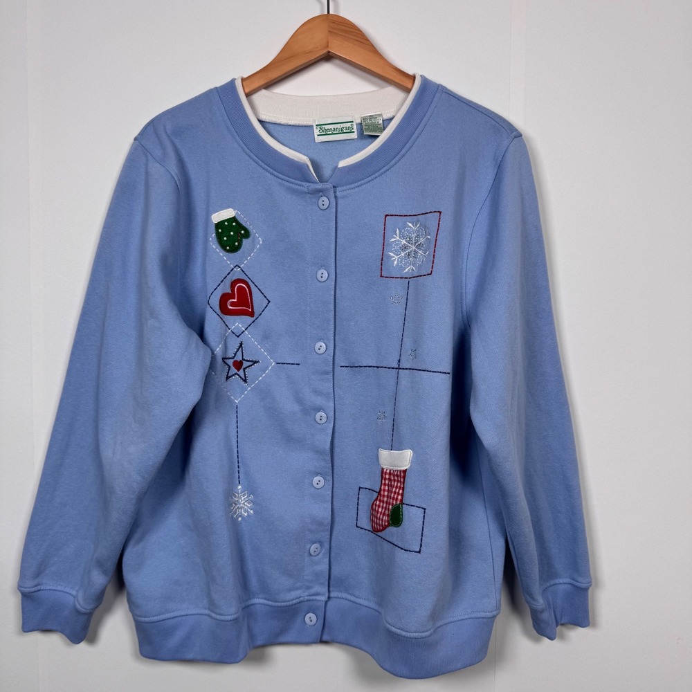 VTG Grandma Ugly Sweater Cardigan Sweatshirt Women XL Blue Christmas Holiday